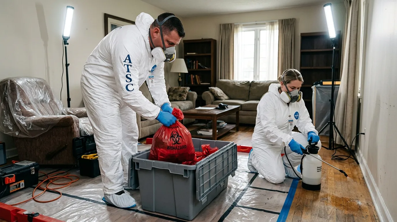 Professional Biohazard Cleanup technician in full PPE working in Oklahoma City